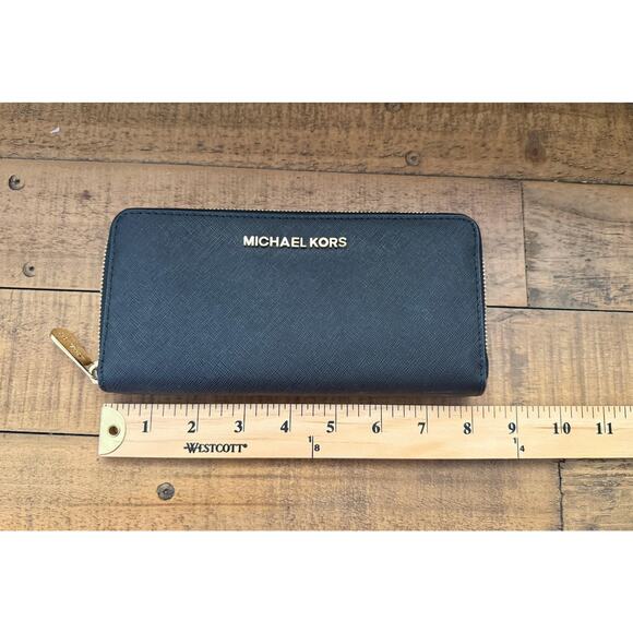 Michael Kors Wallet Women's Black Zip Around Saffiano Continental Gold Tone Logo - Picture 7 of 8